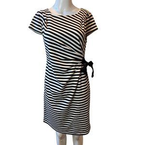 Spense Womens Business Dress Faux Wrap Side Knot Ruched Striped Black White SZ 6